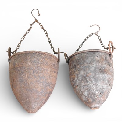 Lot 751 - Two small Eastern metal hanging pots, highest...