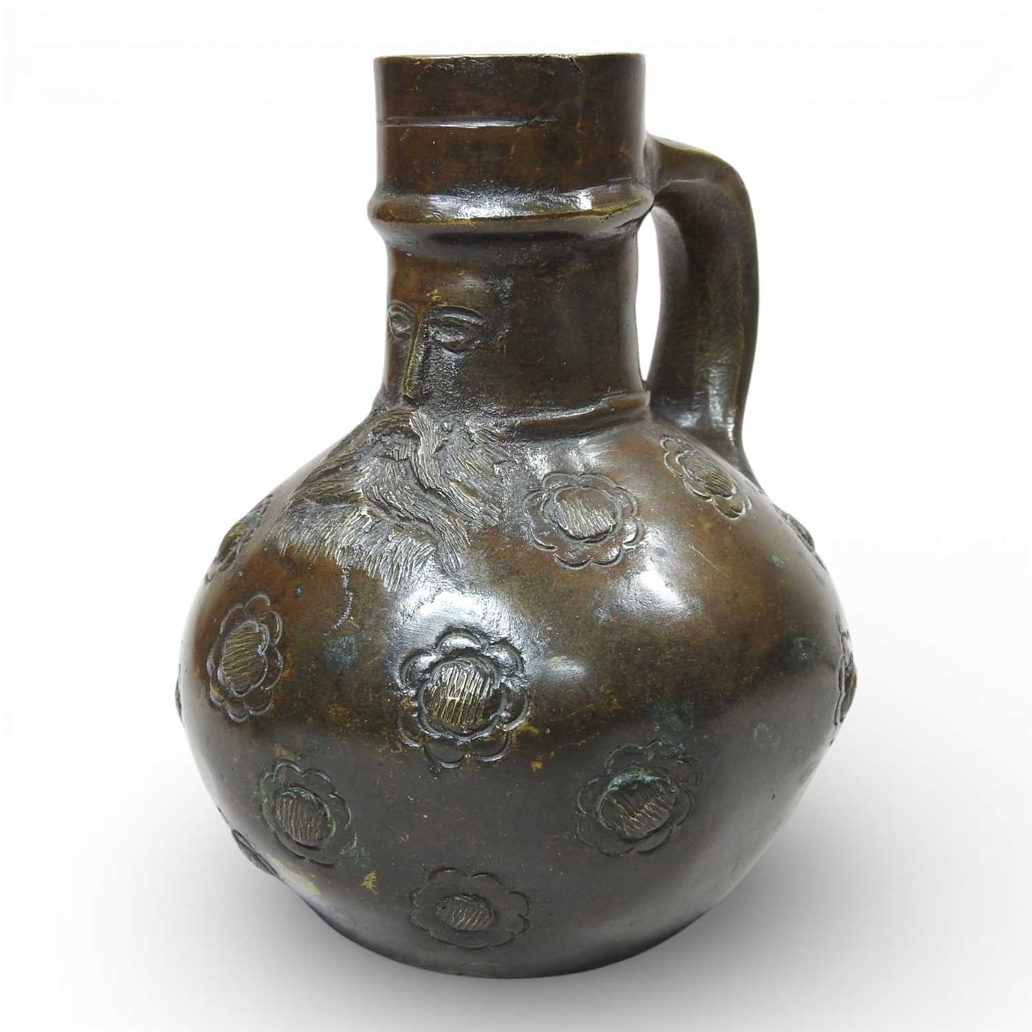 Lot 39 - A German bronze Bartmann jug, or bellarmine,...