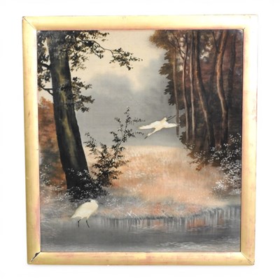 Lot 559 - Japanese school, storks by a wooded lake,...