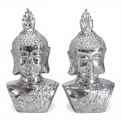 Lot 394 - A pair of silvered metal busts of Buddha, each...