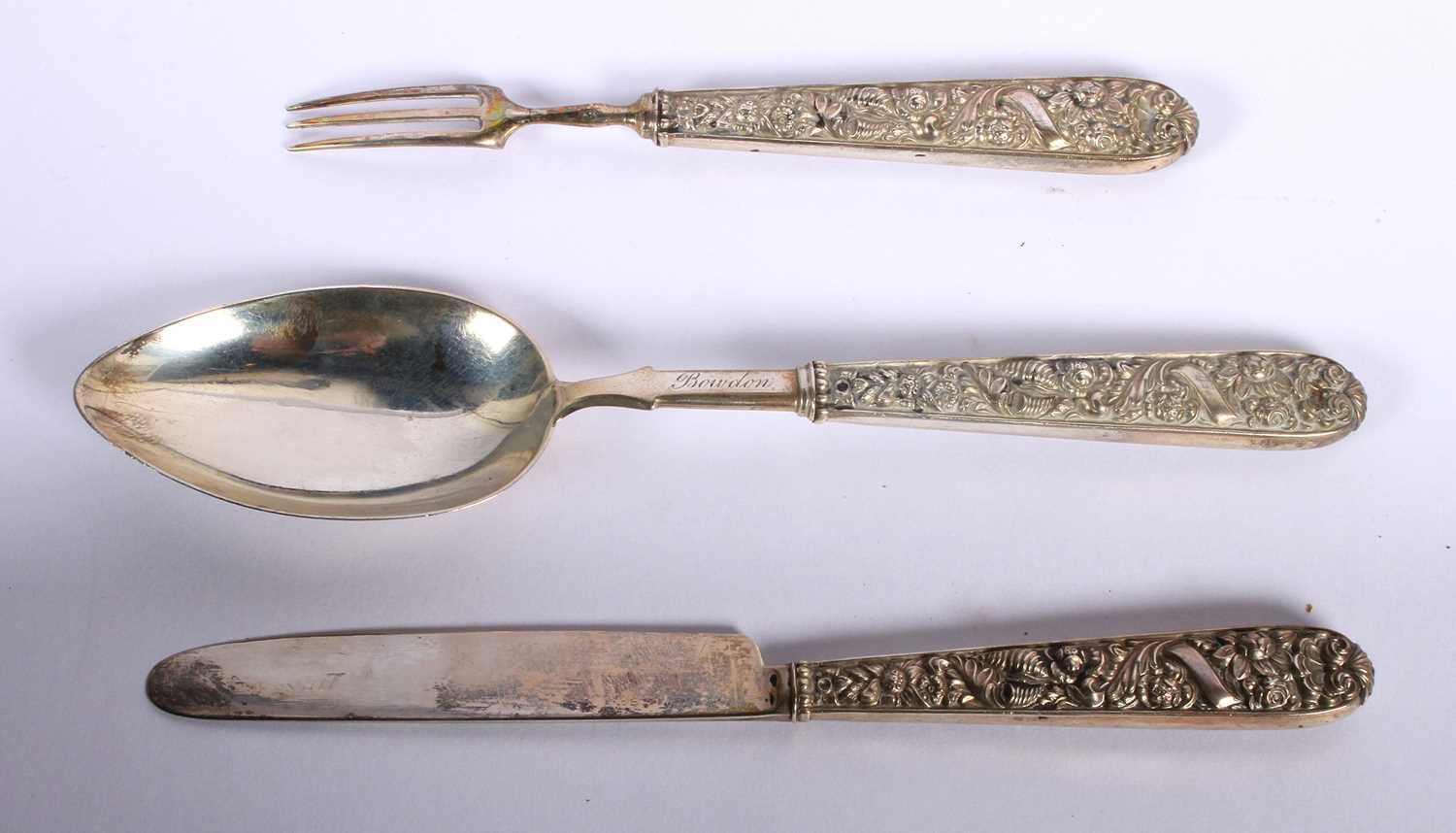 Lot 72 - A George V silver three piece knife, fork and...