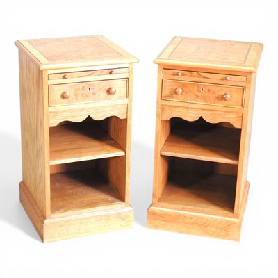 Lot 381 - A pair of hand-made burr oak bedside cabinets,...