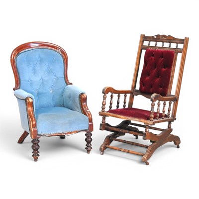 Lot 742 - A Victorian blue upholstered armchair,...
