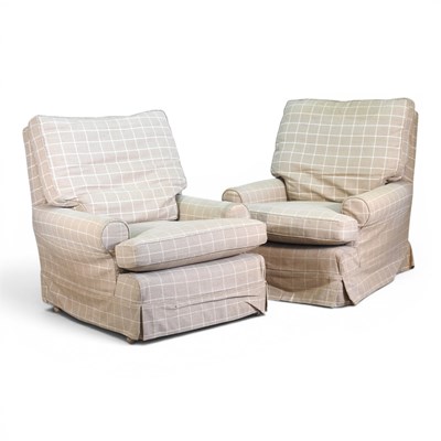 Lot 382 - A pair of modern check upholstered armchairs (2)