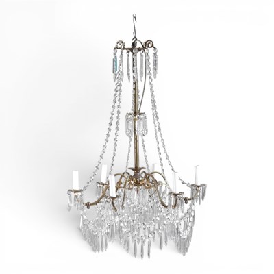 Lot 268 - A brass six branch chandelier, suspended with...