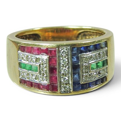 Lot 125 - A 9 carat gold, emerald, ruby, sapphire and...