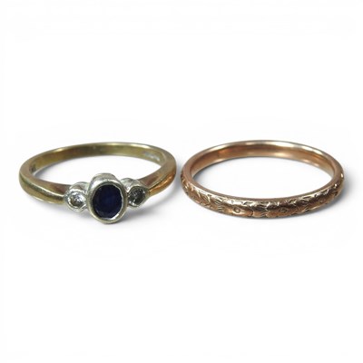 Lot 219 - A 9 carat gold sapphire and diamond three...