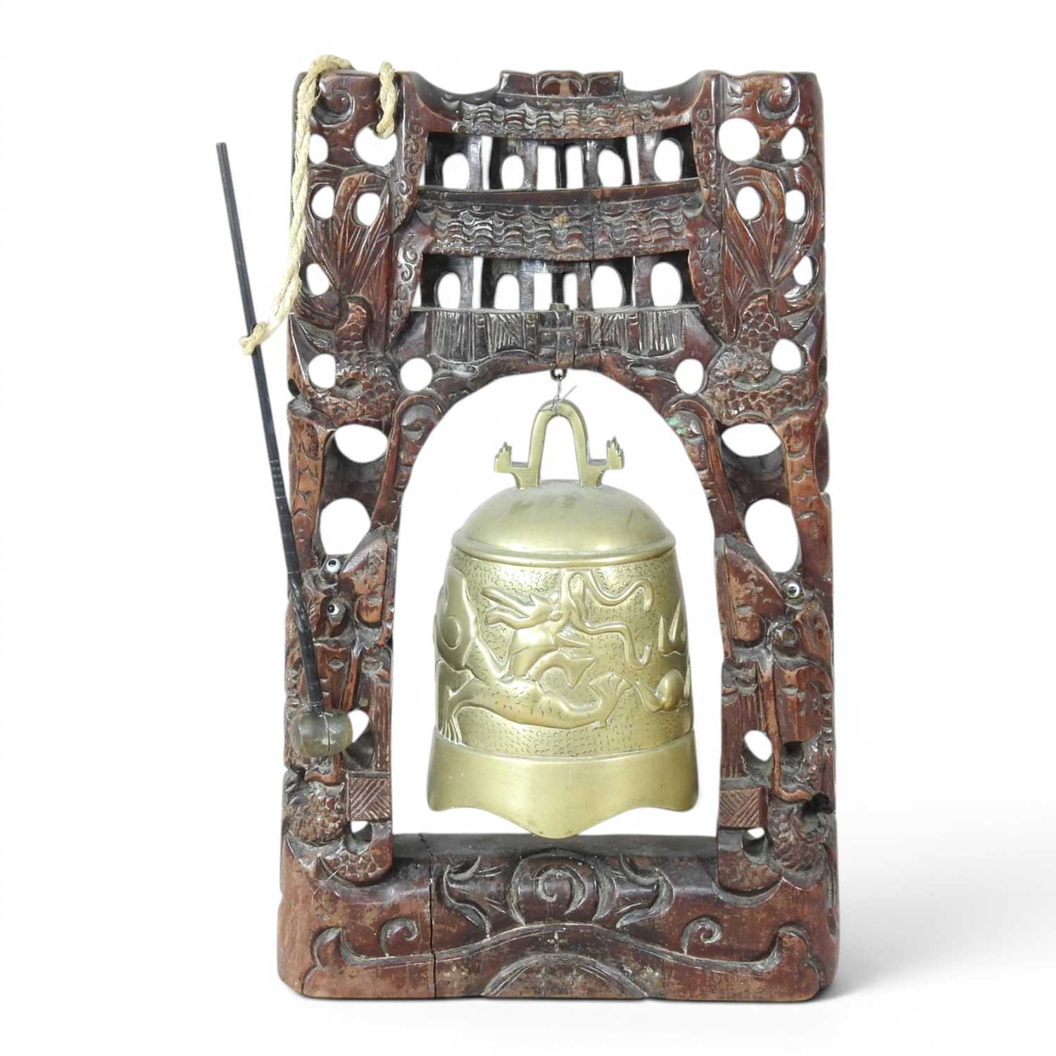 Lot 108 - A Chinese brass bell, mounted on an...