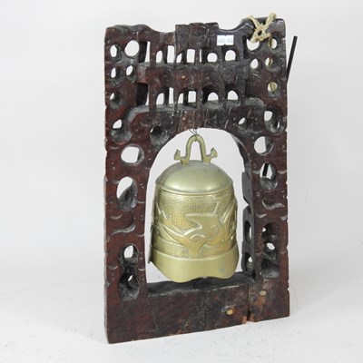 Lot 108 - A Chinese brass bell, mounted on an...