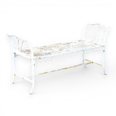 Lot 50 - A white painted metal garden seat, on splayed...