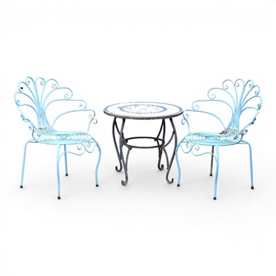 Lot 487 - A pair of blue painted metal garden chairs,...