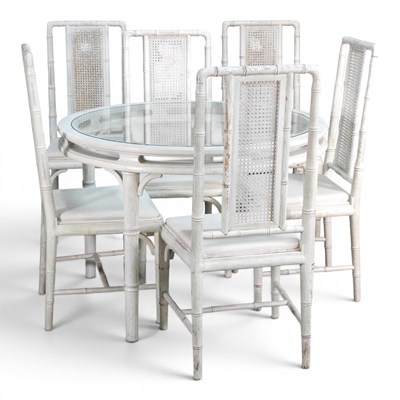 Lot 769 - A white painted faux bamboo glass top dining...