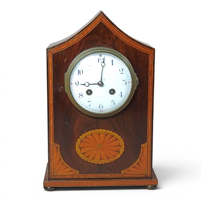 Lot 203 - An Edwardian inlaid mantel clock, with a white...