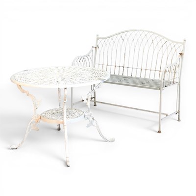 Lot 148 - A white painted metal garden table, 87cm wide,...