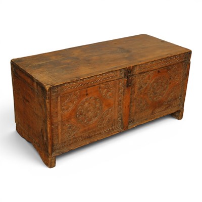 Lot 571 - An antique Indian carved pine coffer or chest,...