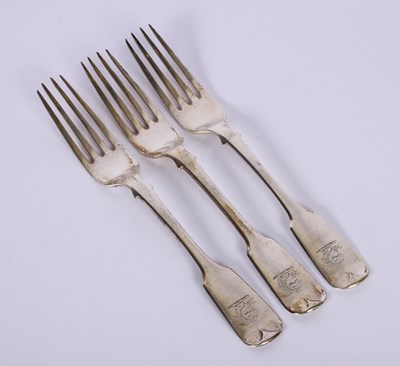 Lot 25 - A set of three George II silver fiddle pattern...
