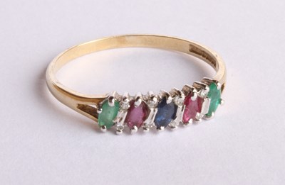 Lot 5 - A 9 carat yellow gold emerald, ruby, sapphire...