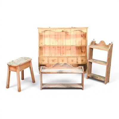 Lot 638 - A pine hanging plate rack, with draws, 87cm...