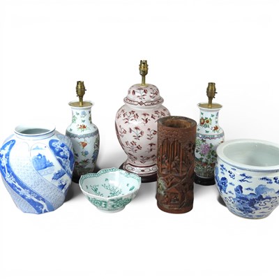 Lot 369 - A Chinese carved bamboo brush pot, 29cm high,...