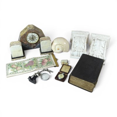 Lot 633 - An Art Deco coloured marble three piece clock...