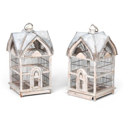 Lot 12 - A pair of cream painted wooden bird cages,...