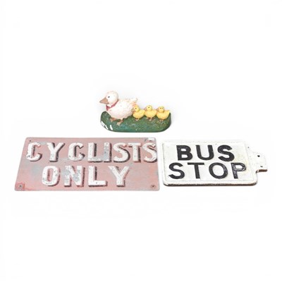 Lot 97 - An antique cast iron bus stop sign, together...